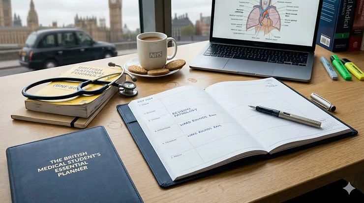 A professional academic planner for medical students open on a wooden desk featuring a stethoscope, a cup of tea, and a British National Formulary (BNF) book with London's Westminster in the background. planner for medical students