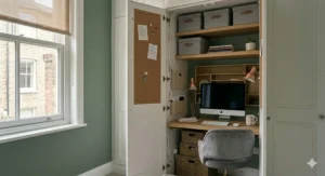 Alt text for image 5: Close-up of a minimalist desk setup featuring integrated cable routing, a UK power strip, and woven seagrass baskets for under-desk storage.