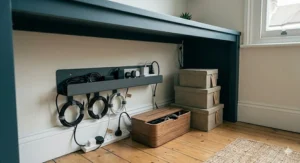 Discreet under-desk cable management featuring a grey metal tray, fabric cable ties, and a wooden tidy box on polished floorboards.