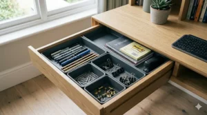 Modular desk drawer inserts holding pens, paperclips, and British stationery supplies in a home office.