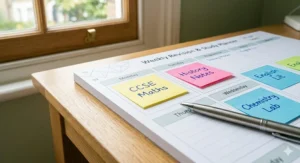 Close-up of the habit tracker section on a desk planner pad, helping students monitor study goals during revision.