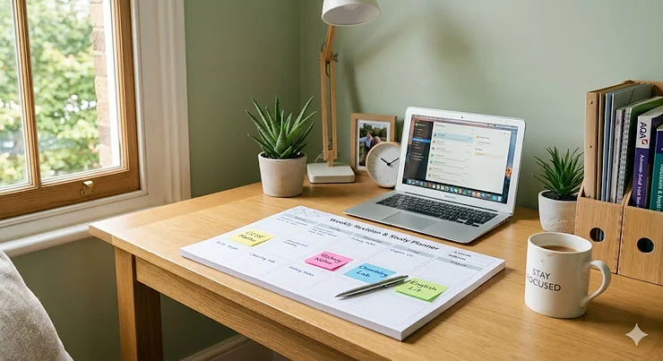 A top-down view of a weekly desk planner pad showing a structured revision schedule for UK exams, placed on a modern wooden desk with a ballpoint pen. desk planner pad for revision schedule