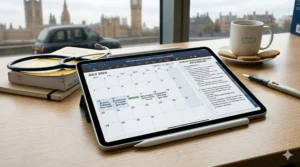 A digital planner for medical students displayed on an iPad, showing a July 2024 calendar with revision slots and Guy's Hospital placement dates.