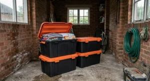 A durable hand-painted wooden toy box in a child's playroom, showing the long-lasting quality of wood.