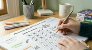 An illustration of the 'days to go' countdown feature on a revision desk planner pad to help with exam preparation.