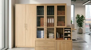 Tall light-oak executive office cupboards providing professional looking office storage for files and stationery in a tidy workspace.