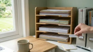 A portable expanding file box with labelled dividers, designed for the secure storage of important paperwork at home such as birth certificates and insurance policies.