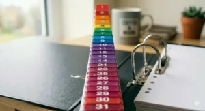 Extra-wide A4 dividers with tabs numbered 1-31, specifically designed to remain visible when used alongside punched pockets in a ring binder.