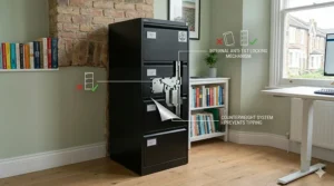 Alt text for image 8: Illustration demonstrating an anti-tilt safety mechanism that locks other drawers when one is extended to prevent the cabinet from tipping over.