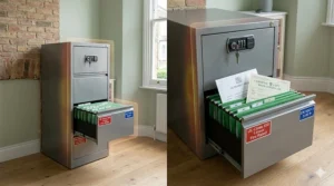 Alt text for image 3: A heavy-duty fire-resistant filing cabinet with a fire-safety rating icon, designed for protecting important British legal documents.