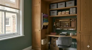 Alt text for image 6: A professional home office setup integrated into floor-to-ceiling oak cabinetry with labelled acrylic document trays and vertical filing.