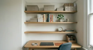 Minimalist thick-profile floating oak shelves installed in an alcove above a computer monitor, styled with books and linen storage boxes.
