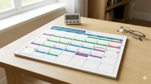 A monthly calendar view of a GCSE revision planner showing colour-coded blocks for different subjects like Maths, English Literature, and Combined Science.