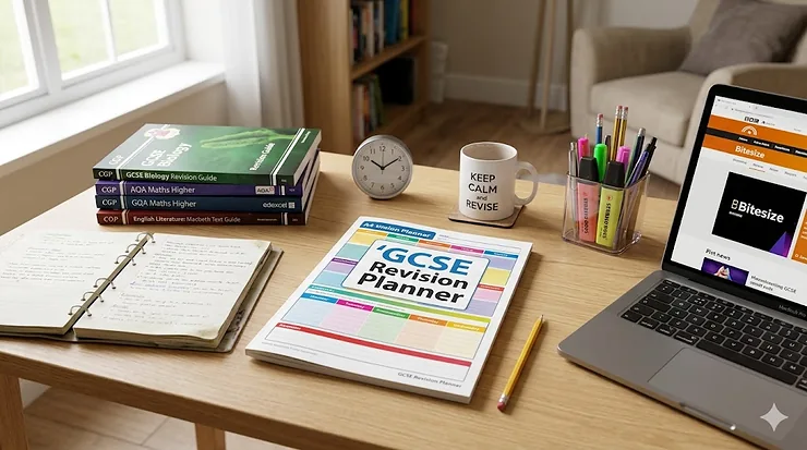 A comprehensive revision planner for GCSEs laid out on a wooden desk alongside British secondary school textbooks, a laptop, and colourful stationery in a bright home office. revision planner for GCSEs