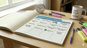 A dedicated space in a revision planner for listing essential UK resources such as BBC Bitesize, past papers, and teacher-recommended websites.