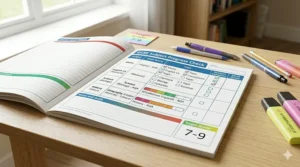 An illustrated checklist for GCSE subjects showing progress bars for AQA and Edexcel exam board topics.