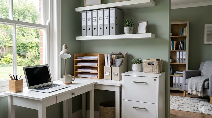 A bright, photorealistic British lounge featuring a stylish shelving unit used as storage for paperwork at home, containing neatly organised grey lever arch files and decorative baskets under natural UK daylight. storage for paperwork at home