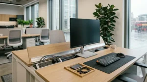 Close-up of a professional desk with integrated UK power sockets and hidden storage to maintain a professional looking office storage aesthetic.