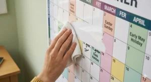 Close-up of a hand using a cloth to wipe clean the glossy laminated surface of an A1 academic wall planner, demonstrating the dry-wipe feature.