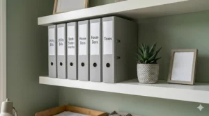 A close-up of colour-coded lever arch files neatly arranged on a white bookshelf, providing efficient storage for paperwork at home and domestic filing.