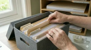 A row of minimalist fabric magazine holders on a sideboard used for sorting household bills and school letters, providing accessible storage for paperwork at home.