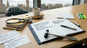 A flat lay of a British medical student’s study space, including a daily planner, a reflex hammer, revision flashcards, and a stethoscope.