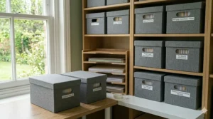 Neatly stacked cardboard archive boxes with integrated handles and label areas, used for long-term storage for paperwork at home in a domestic storage room.