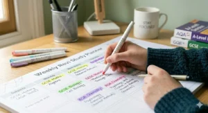 A minimalist British home office setup featuring a desk planner pad, an ergonomic lamp, and a laptop for online learning.
