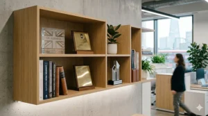 Minimalist oak wall-mounted shelving units used for professional looking office storage and displaying British business innovation awards.