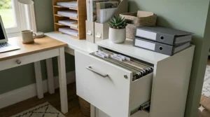 A slim, two-drawer metal filing cabinet in a contemporary home office setting, positioned next to a sash window for a practical paperwork storage solution.