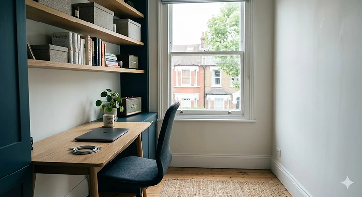 A bright, organised UK home office featuring bespoke blue joinery in a Victorian alcove, a minimalist oak desk, and a traditional sash window with views of red brick houses. home office storage ideas