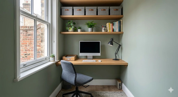 Alt text for image 1: A compact and organised home office in a UK spare room featuring floating oak shelves, a slimline desk with built-in drawers, and wall-mounted organisers. storage solutions for tiny office