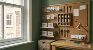 Alt text for image 9: A large oak pegboard system in a small office featuring modular acrylic bins, hanging stationery hooks, and integrated UK power sockets.