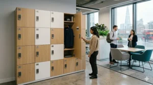 Stylish modular staff lockers in a London office breakout area, offering professional looking office storage for personal belongings.