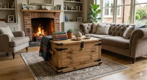 An elegant oak wooden blanket box positioned at the foot of a bed in a modern British bedroom.