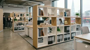 Open-plan oak and white divider units used to create professional looking office storage zones and display areas in a modern office.