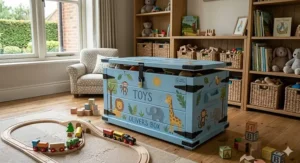 Large plastic storage trunks with wheels and handles sitting on a tiled boot room floor near wellington boots.