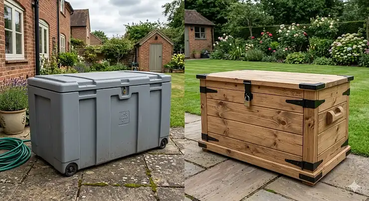A side-by-side comparison of a heavy-duty grey plastic trunk and a rustic timber storage chest in a British garden setting. plastic vs wooden storage boxes