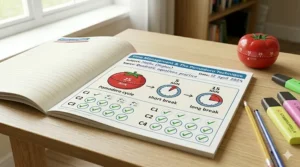A minimalist diagram within a revision planner showing 25-minute study intervals followed by short breaks to improve GCSE revision focus.