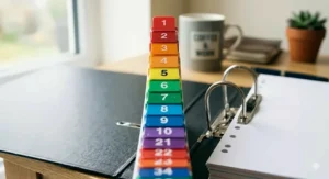 Close-up of the front index page for a set of numbered dividers 1-31, featuring a clean white surface for customising daily or monthly filing categories.