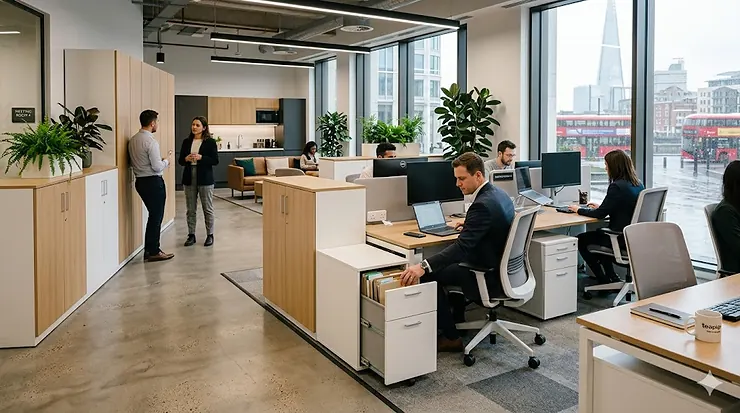 A spacious, modern London office featuring professional looking office storage cupboards and sleek shelving units for a clutter-free workspace. professional looking office storage