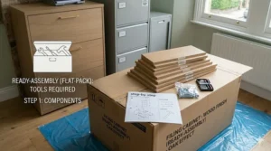 Alt text for image 9: A fully assembled tall 4-drawer filing cabinet being positioned in an office, contrasting with a flat-pack furniture box.