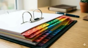 Sustainable numbered dividers 1-31 made from recycled British card, presented in a natural light setting to highlight eco-friendly office organisation.