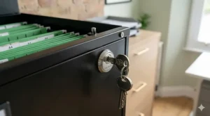 Alt text for image 6: Close-up of a high-security barrel lock on a grey steel filing cabinet, featuring a key and master-locking system for office privacy.