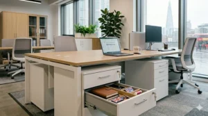 A white under-desk storage pedestal with an open drawer showing internal organising of a notebook and Union Jack keychain.