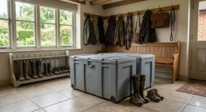 Modular stackable plastic organiser boxes used to maximise space in a narrow UK utility room.