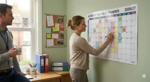 A laminated A1 wall planner used in a British primary school staff room to organise term dates, Ofsted preparation, and school trips.