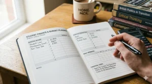 A monthly budget planner illustration designed for UK university students managing student finance and living costs.