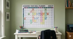 An A1 academic wall planner used as a colourful revision timetable for GCSE exams in a student’s bedroom, featuring a British school blazer.