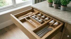 Premium oak wood drawer inserts showing high-quality British craftsmanship and sustainable materials.